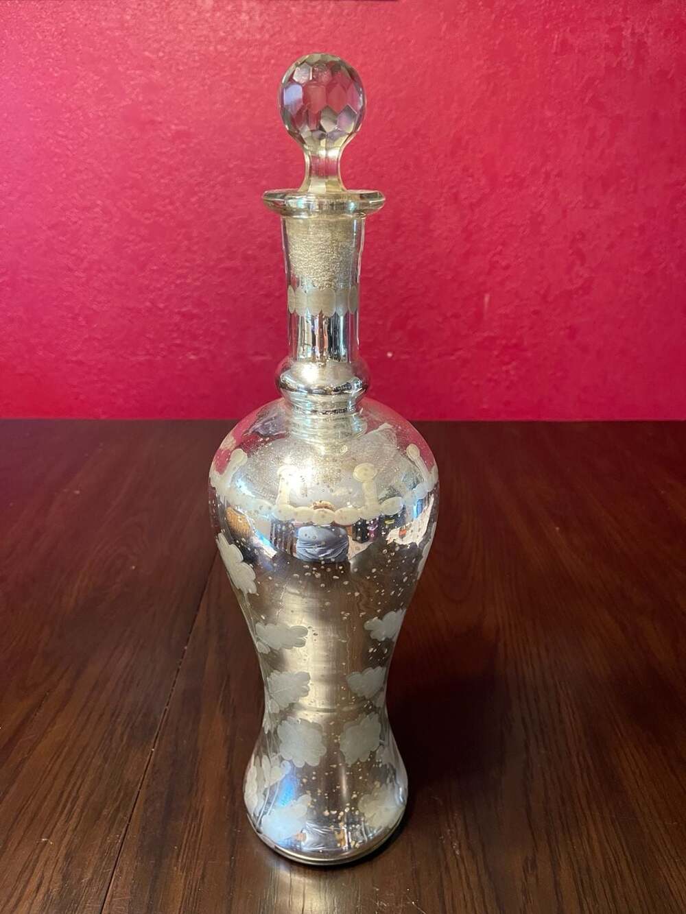 Vintage Mercury Glass Etched Floral Decanter with Faceted Stopper